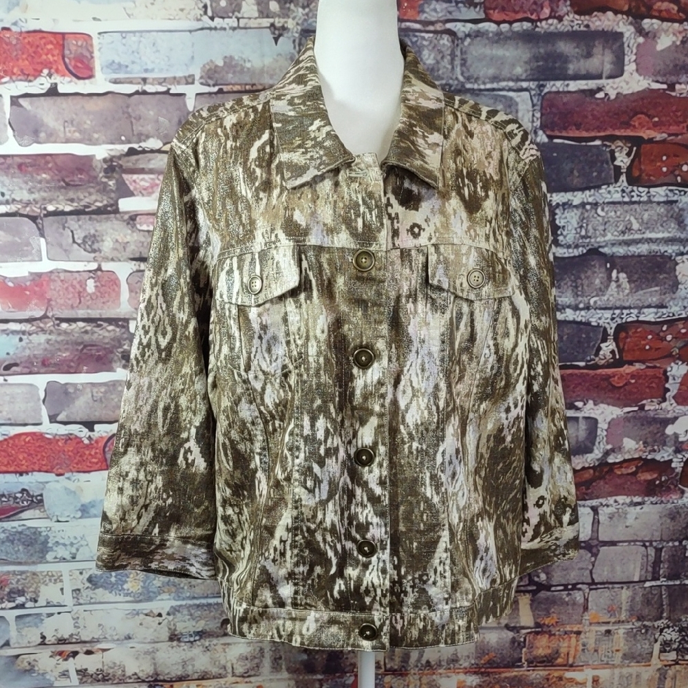 Chico's Linen/Cotton Abstract Print Jean Jacket